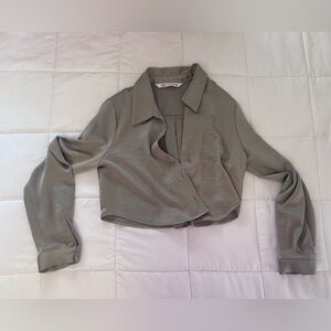 Zara Khaki Button Down Cropped Shirt
